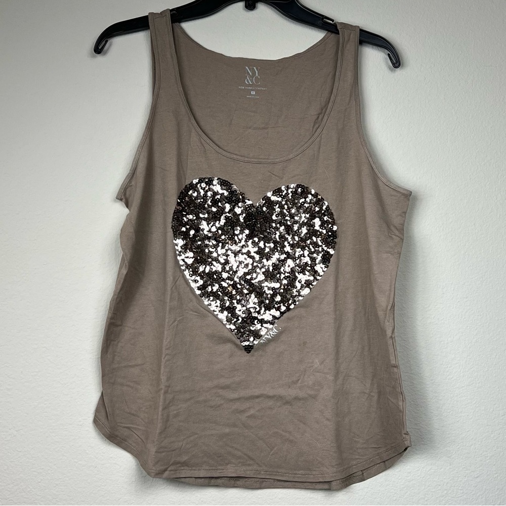 NY&Co. Mocha Brown Tank Top with Gold Sequin Heart Womens XL